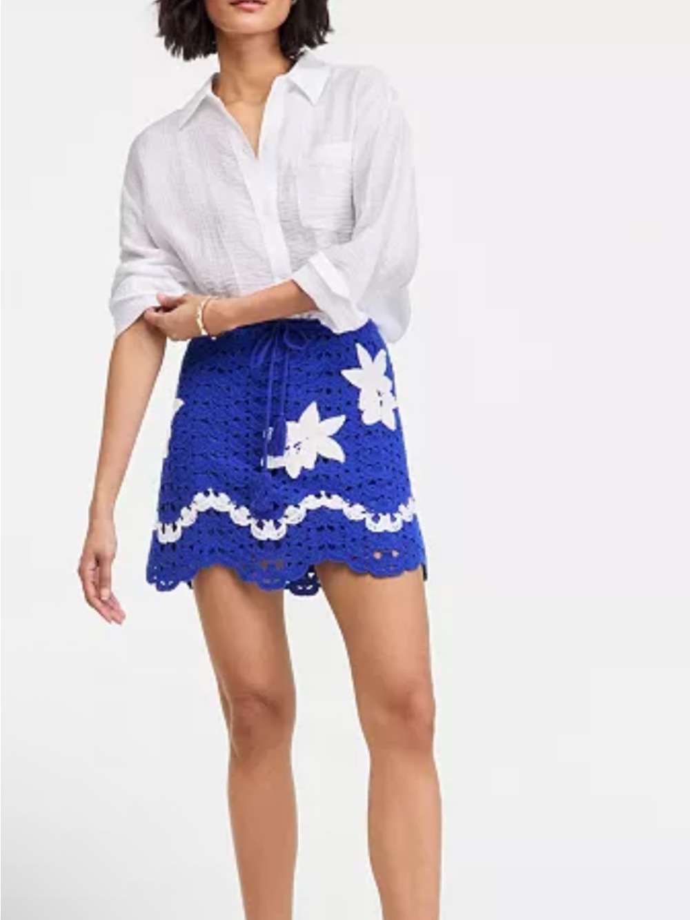 NWT Blue Crochet Mini Skirt with White Floral Accents